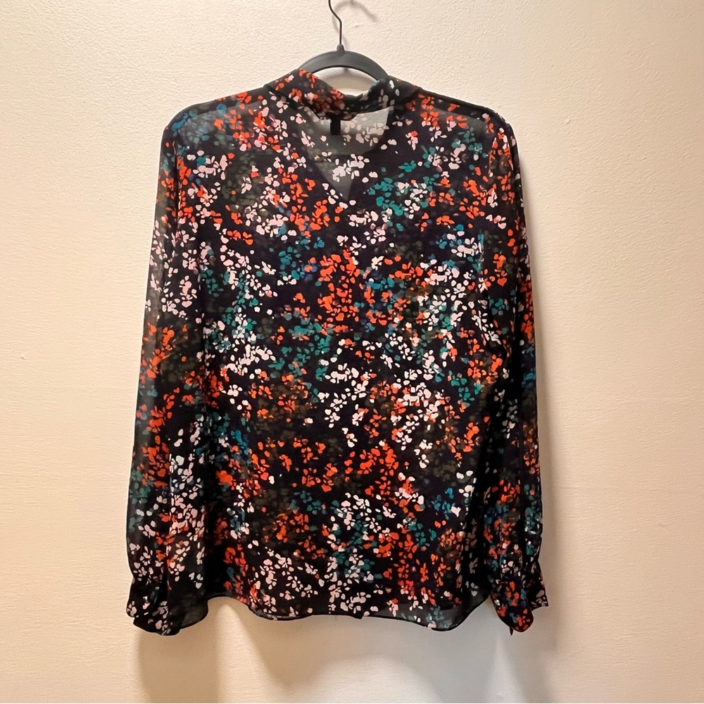 Ellen Tracy Chic Sheer Long Sleeve Blouse, Sz M, Brown With Fall Colored Flowers - Picture 2 of 6
